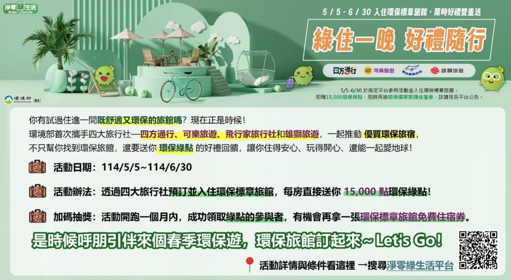 「綠住一晚 好禮隨行」！環境部與四大旅行社聯手登場！